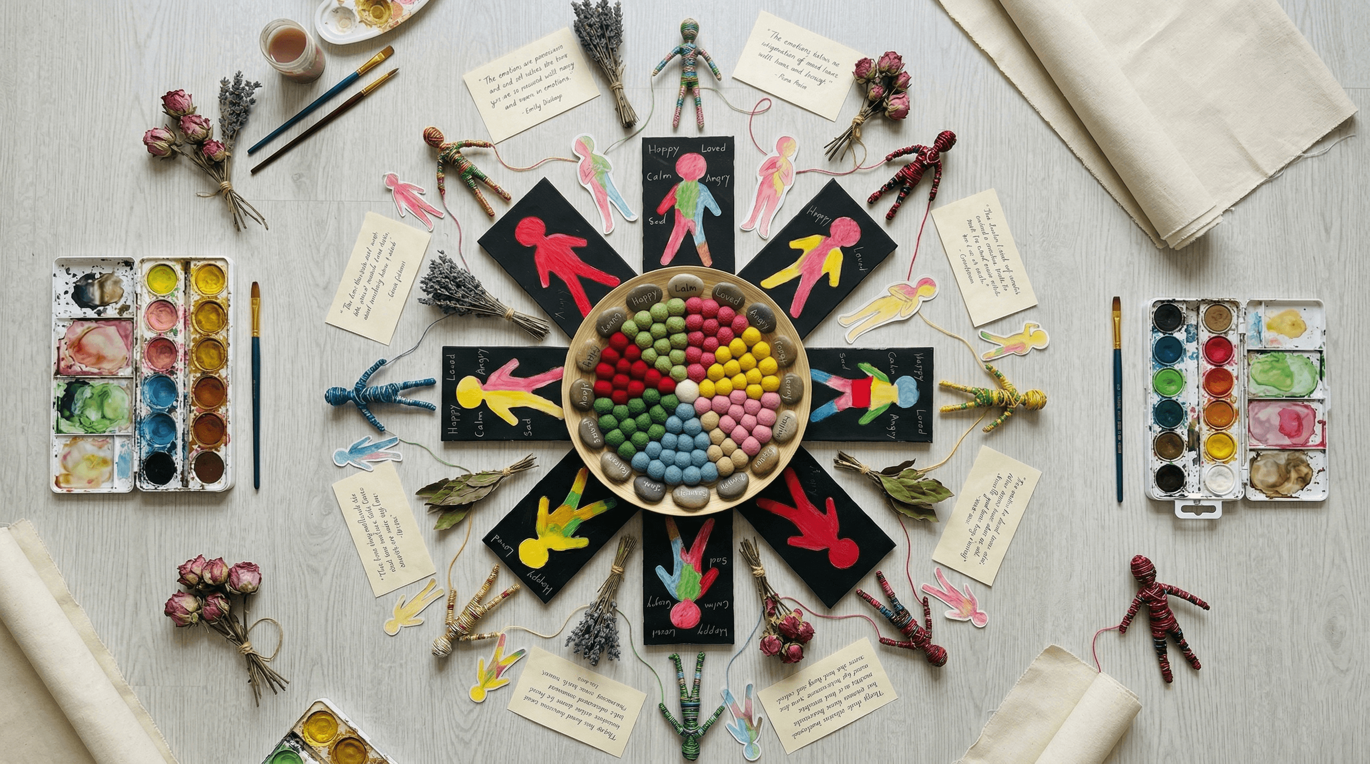 Circular art therapy display featuring colorful felt balls, painted figures, dried flowers, and watercolors.