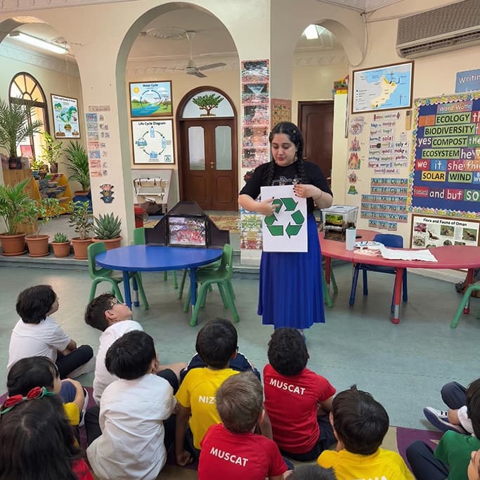 A teacher presents a recycling symbol sign to children seated on a classroom floor.